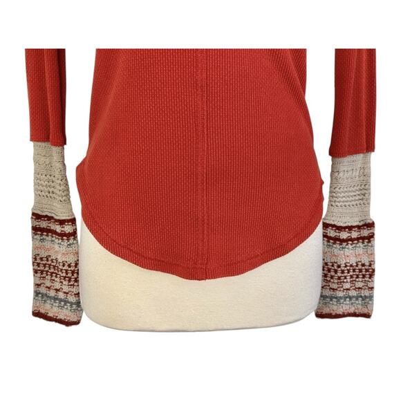 FREE PEOPLE Thermal Ski Lodge Top Orange Waffle Knit Crochet Cuffs Size Sz SP - Picture 4 of 11